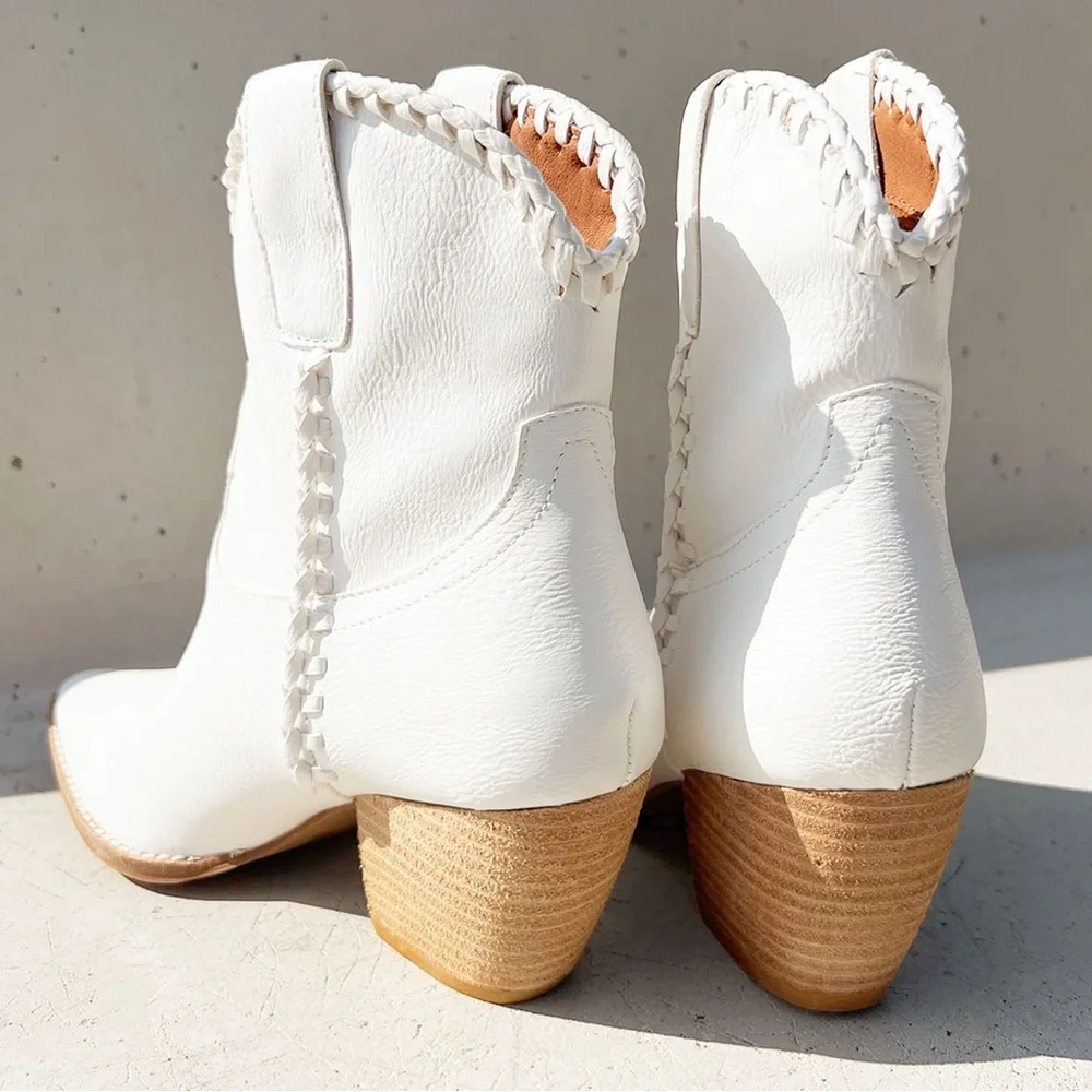 NEW Western Cowboy Whipstitched Ankle Boots
Pointy Toe Block Heel Distress White - Picture 7 of 16